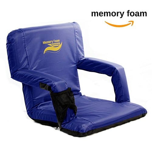 Memory Foam Extra Wide Stadium Bleacher Seats w/Back+Armrest | Large Folding Bleacher Chair Adjust 6-positions with Water Resistant Material, Cup Holder &amp; Backpack Traps for on-the-go (Blue)