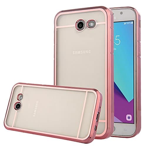 TabPow Galaxy J7 Prime 2017 Case, Transparent Clear Slim Scratch Resistant Protective Cover with Luxury Bling Frame for Samsung Galaxy J7 Perx/Galaxy J7 Sky Pro/Galaxy J7 V/J7 2017 - Rose Gold Clear