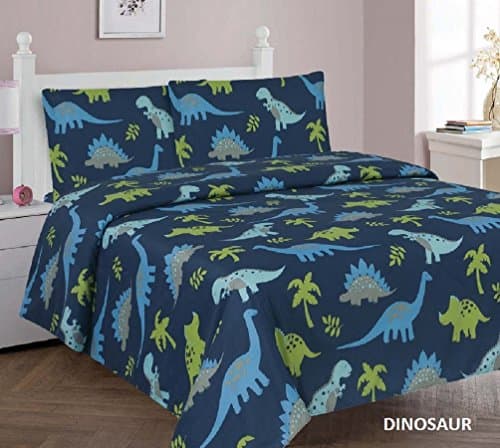 Kids printed sheet set: Flat &amp; fitted sheets with pillow cases. Choose from butterfly, Dinosaur, Shark, Princess, sports, sailor prints Twin or Full (Full, Dinosaur Blue)