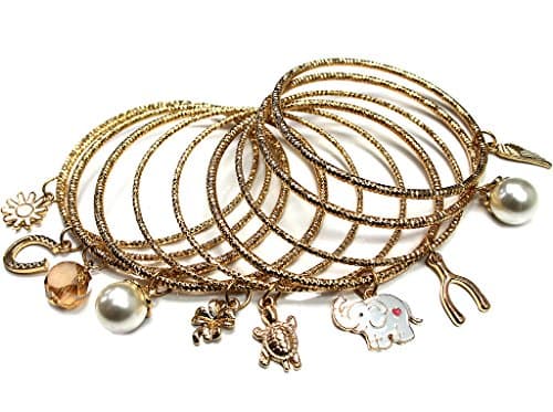 Aris Huge Stack Diamond Cut Charm Bangles Bundle: Bracelets &amp; Bag (Gold-tone Lucky Theme)