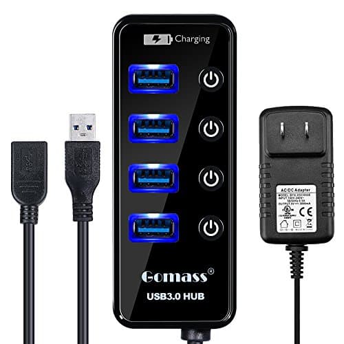 Powered USB Hub 3.0 4 Port - Gomass USB Splitter with 15W (5V/3A) Powered Adapter and USB 39" Extension Cable, Individual On/Off Switch [Factory Direct,2018 Version]