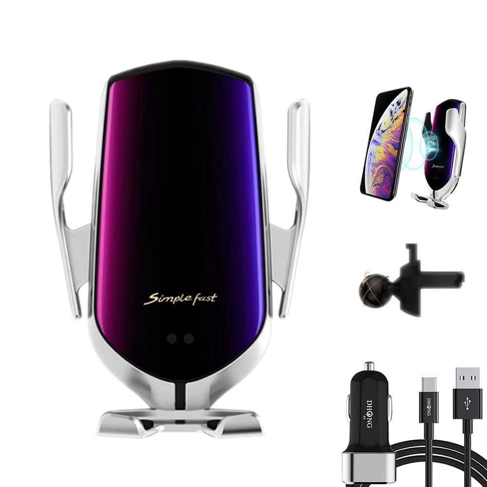 DHong Smart in-Car Mobile Phone Holder IR Sensor Automatic Clamping Plus 10W Qi Wireless Fast Charging Car Charger Compatible for iPhone Xs/Max/XR/8/8 Plus/Galaxy S9/S9+/S8/S8+/Note9/S7 (Silver)