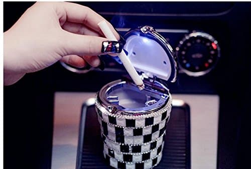 hand made blue light (replaceable battery) car ashtray cup holder,ashtray with lid,Stub Out Glow in the Dark Rhinestone Crystal Diamond bling (black-white for car)