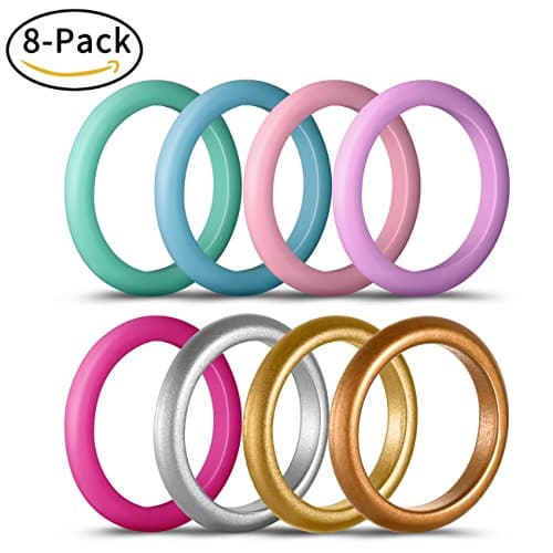 Coomammy Silicone Wedding Rings for women, Thin and Stackable Flexible and Comfortable silicone rings-8 Pack,Enjoy your life-the best gift choice, size 6 (16.5mm)