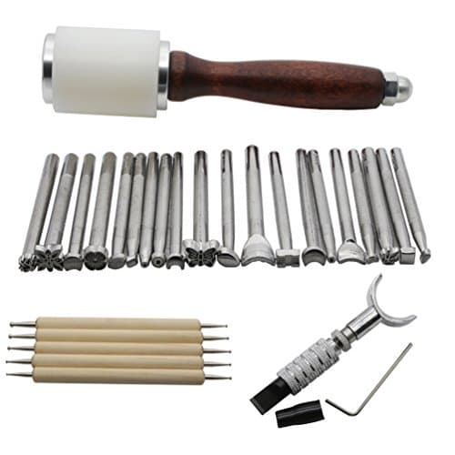 EVNSIX 20pcs Leather Carving Working Saddle Making Tools Hammer Swivel Knife Set Leather Craft DIY Tool