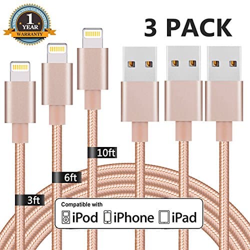 Everdigi iPhone Charger, 3 Pack 3FT 6FT 10FT Lightning Cable Nylon Braided Charging Cable Cord Compatible with iPhone X/8 Plus/8/7 Plus/7/6s Plus/6s/6 Plus/6/5s/5/5c/SE/iPad/iPod and More (Gold)