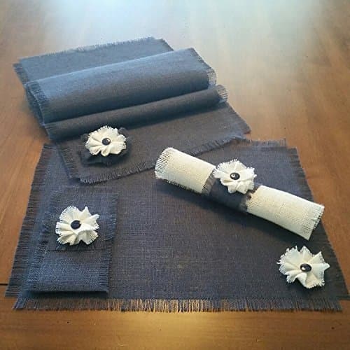 Burlap Navy Blue Shabby Chic Table Runners, Placemats, Silverware Holders and Napkin Rings with Handmade White or Natural Flower Accent (Quantities of 4 or 6)