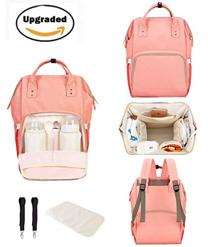 Bornran Diaper Bag Backpack-Waterproof Multi-functional Nappy Bags-Maternity Mom Travel Backpack for Baby Care, Stylish and Durable, with Two Stroller Straps and One Changing pad (Pink Orange)