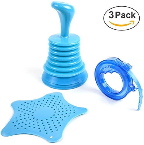 Drain Clogging Prevention Pack in Blue w/ Small Silicon Hand Plunger, Extendable Pipe Dredge &amp; Starfish Drain Strainer For Bathroom, Kitchen, Shower, Sink, Tubs - Tools for Unblocking Food or Hair