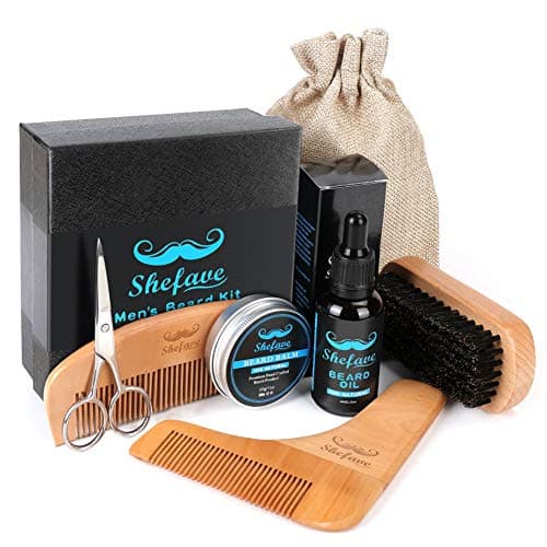 Shefave Beard Kit, Beard Grooming Kit for Men Gift Set (100% Pure Boar Bristle Brush, Wooden Beard Comb, Beard Oil, Beard Balm, Beard Shaping Tool & Trimming Scissors) (Version1)