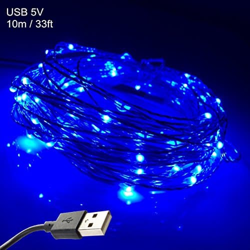 DZYDZR LED String Lights, USB 5V Decorative Silver Wire Lights, 100 LEDs 33ft Flexible Starry String Lights Waterproof Fairy Lights for Indoor, Outdoor, Garden, Patio, Wedding, Party (Blue)