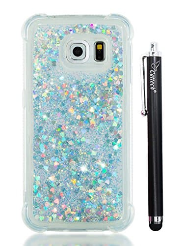 S6 Edge Case Glitter, Cattech Liquid Bling Sparkle Shiny Moving Quicksand - Slim Clear TPU Bumper Protective Non-slip Grip Shockproof Cover Cases for Samsung Galaxy S6 Edge + Stylus (Silver)