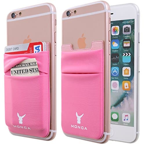 Monca Credit Card [Double Secure] Holder Stick on Wallet Discreet ID Holder Lycra Spandex Card Sleeves [Lid &amp; Pocket] iPhone 6s 7 Samsung Galaxy s8 and Blu Smartphones (Pink)