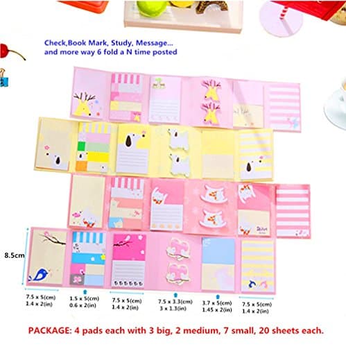 Bright Sticky Notes cute, Self-Stick Pads in Different Shapes, Cartoon 6 Fold N Times Note Colorful Super Tabs Bookmarker Animal Memo Easy Post