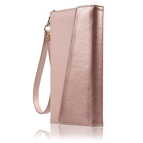 iPhone 7 Plus 5.5” Wallet Case, Modern Blush Metallic Wristlet Wallet Case: Four Credit Card Slots, Folio Pocket, Premium Bi-cast Leather, Detachable Wrist Strap, Rose Gold