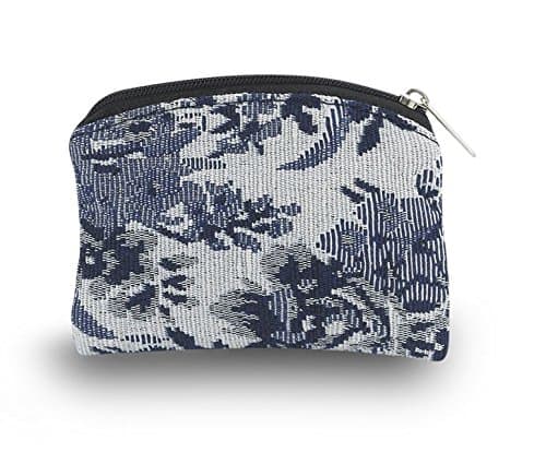 Brocade  Rosary  Pouch Blue Flower Pattern Zipper Closure