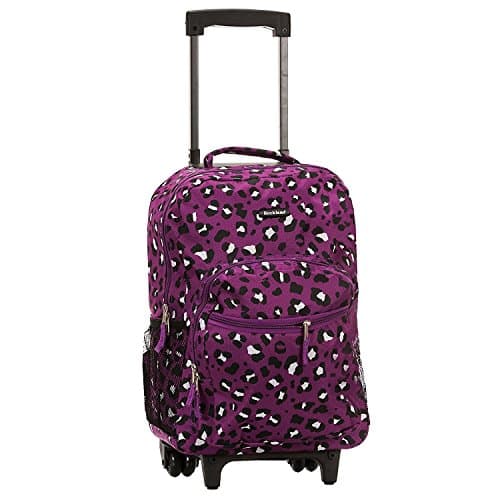 Kids Purple Leopard Pattern Rolling Backpack, Wheeling Luggage, Duffel Wheels, Lightweight Fashionable, Kids School Bag, African Themed Duffel, Exotic Jungle Zoo Safari Suitcase