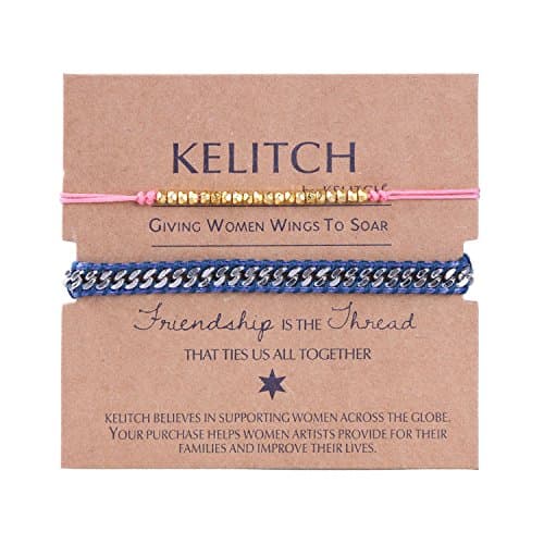 KELITCH 2 pcs/set Thin Slim Cord Rope String Stainless Steel Gold-Plated Stone Chain Bracelet - Blue