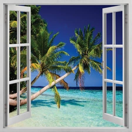 Easy Stick, Polyester Fabric, Beach View with Palm Trees, Small Cubicle Window
