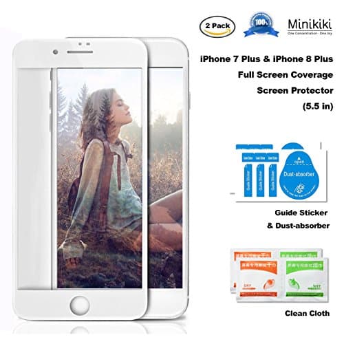 MiniKIKI iPhone 7/8 Plus Universal Screen Protector Glass, 2 Pack tempered glass screen protector for 7/8 Plus (3D Full Screen Coverage), Premium Tempered 9H Hardness, Anti-Fingerprint, Scratch Proof