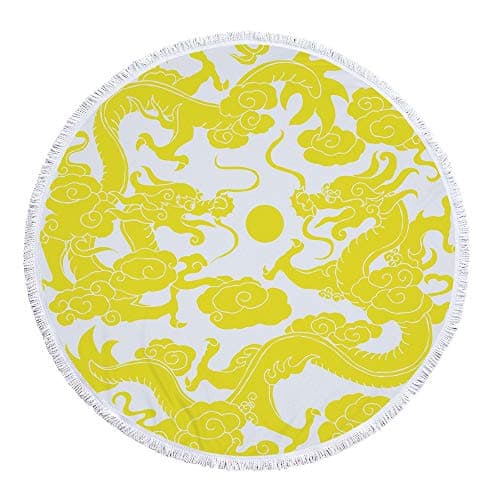 Thick Round Beach Towel Beach Blanket,Yellow Dragon Microfiber Polyester Printed Round Beach Towel Bath Towels Kids Tassels Blanket Home Decor Water Absorption Pad