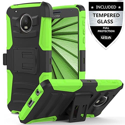 MOTO E4 Case With Tempered Glass Screen Protector,IDEA LINE(TM) Heavy Duty Armor Shock Proof Dual Layer Holster Locking Belt Swivel Clip with Kick Stand - Green