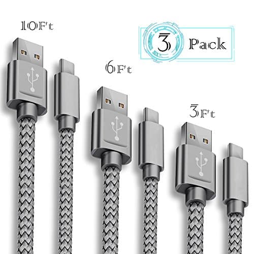 USB Type C Cable, HoPerain Cable 3 Packs USB C Cable [3FT, 6FT, 10FT] Nylon Braided USB A to USB C Charger Cable Quick Charge Cable Samsung Galaxy Note 8, LG G5 G6 V30, HTC10 (Gray)