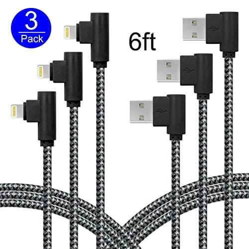 Right Angle Lightning Cable 6ft,90 Degree iPhone Charger Cords,W3D 3Pack Nylon Braided Data USB Cable Speed Sync and Fast Charging for iPhone X 8/7/6/5 iPad (Black Grey, 6ft)
