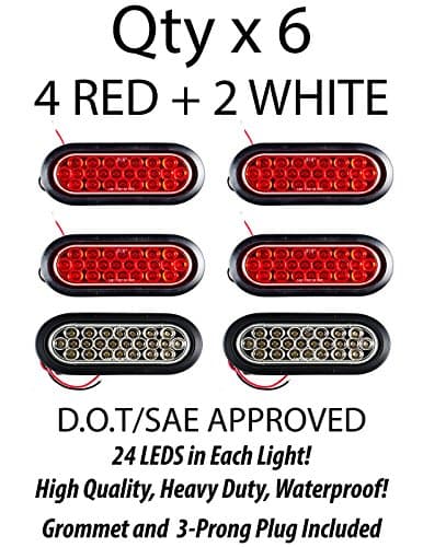 [4 Red + 2 White 6" Oval 24 LED Trailer Stop Turn Tail Reverse Backup Parking Brake Indicator Light Kit DOT Certified with Grommets & Plugs IP67 Waterproof Headache Rack Backrack