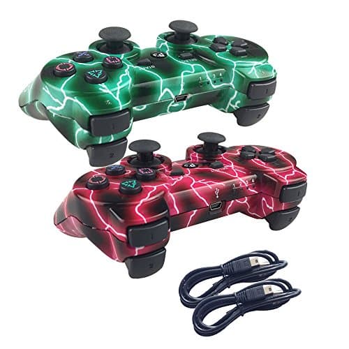 Deloke Wireless Bluetooth Controller For PS3 Double Shock - Bundled with USB charge cord (Green Lighning and Red Lighning)