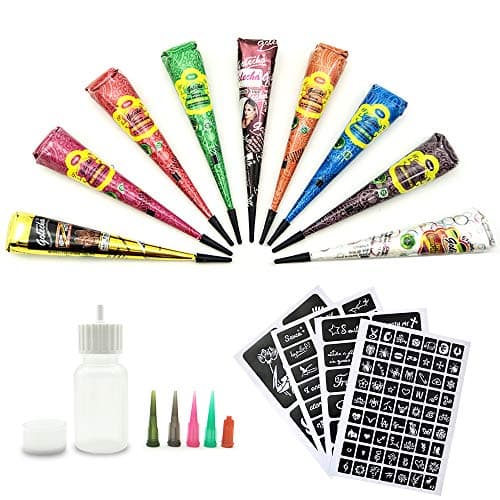 Temporary Tattoo Kit-9Color Temporary Tattoo Paste Cone with 107 Pcs Template Set,1 x Applicator Bottle and 5 x Plastic Nozzle. (9color)