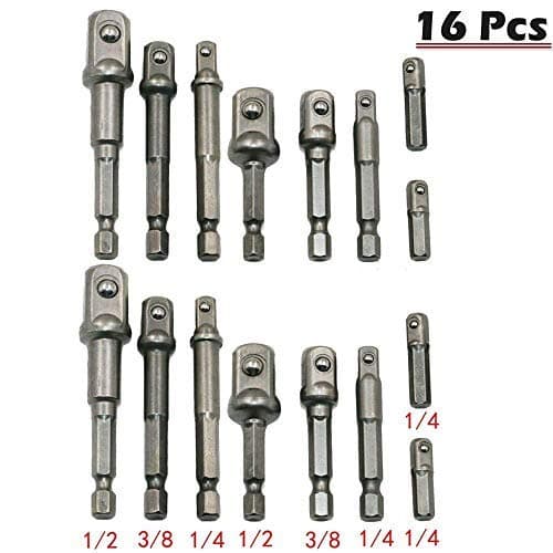 Newkiton 16Pcs/Set Socket Adapter Drill BIts Set Hex Shank 1/4" 3/8" 1/2" Impact Driver Tool
