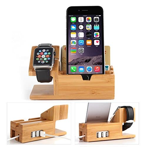 Great Looking Power Station with Built-in 3-USB Inputs Crafted from Top Quality Bamboo Wood For Apple Watch 38mm, 42mm and iPhone 7/6/6s/5/5s/PLUS, Samsung Galaxy, Samsung Note. Limited Supply.