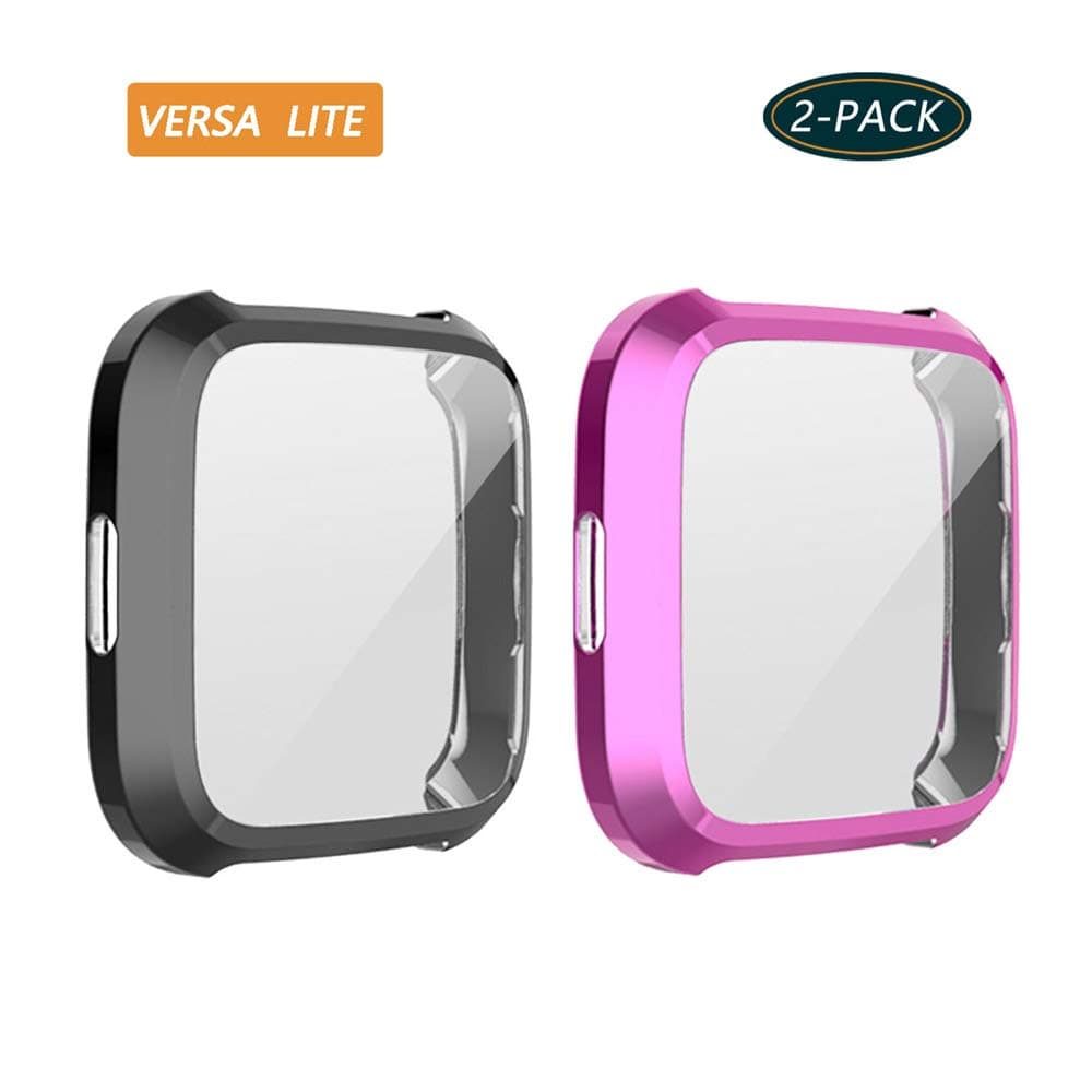 (2-Pack) KPYJA for Fitbit Versa Lite Edition Screen Protector Case, TPU Plated Case All-Around Protective Screen Full Cover Bumper Compatible Fitbit Versa Lite Edition Smartwatch (Black/Purple)