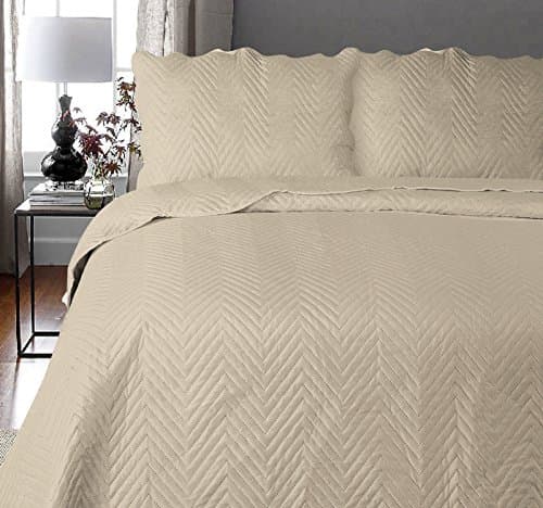 Luxurious Polyester ARCADE ULTRASONIC PLAIN EMBROIDERY BEDSPREAD SET Throw With 2 Pillow Shams Perfect for Double or King Size Bed -Includes FREE Tote Bag! (Double Size: 220 x 240 cm, Natural)