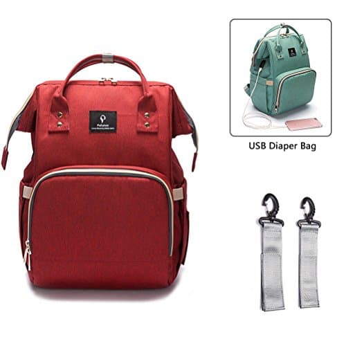 Large Capacity Nappy Changing Backpack with USB Charging Port, YIMOJI Multi-function Baby Diaper Bag Mom and Dad Travel Backpack with 2 Insulated Thermal Milk Bottle Pockets, Stroller Straps (Red USB Port Pattern)