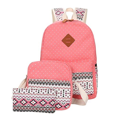 Set of 3 Lightweight Basic Canvas Backpack,Cute Dot Knapsack for Girls Pink