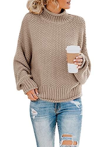 Pommaxe Womens Turtleneck Pullover Sweaters Casual Oversized Batwing Sleeve Chunky Ribbed Jumper Tunic Tops