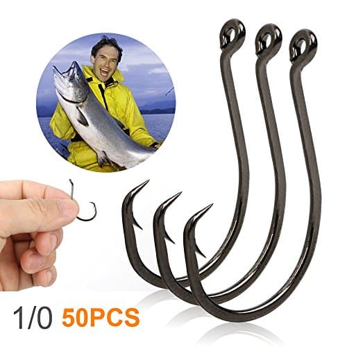 Fishing Octopus Hooks, iwolkon Offset Circle Extra Sharp Black High Carbon Steel for Saltwater Boat Fishing 1/0-10/0 50 Pack (1/0)