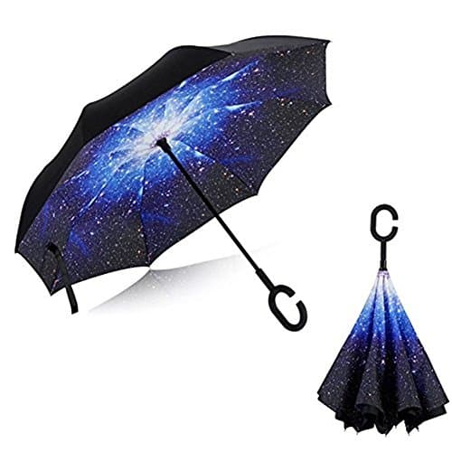 Inverted Double Layer Windproof Umbrella, Reversible Waterproof Folding Umbrella With C-Shape Handle For Car Travel Rain Golf UV Protection with Carry Bag Free (Starry sky)