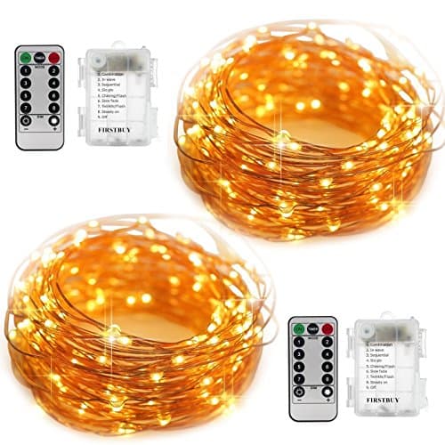 2 Pack LED String Lights Dimmable with Remote Control, Battery Powered 8 Modes Waterproof Copper Wire Firefly Decorative Lights For Bedroom Wedding Festival Decor Parties 16.4ft 50 Led, Warm White
