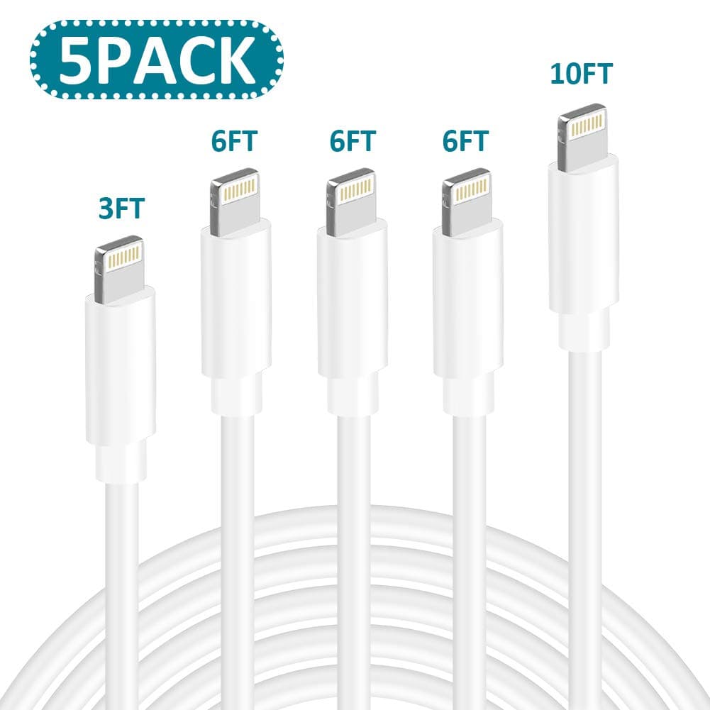 iPhone Charger,MFi Certified Lightning Cable 5Pack(3/6/6/6/10FT) Extra Long USB Fast Charging&Syncing Data Cord Compatible iPhone Xs/Max/X/XR/8/8Plus/7/7Plus/6S/6S Plus/SE （White）