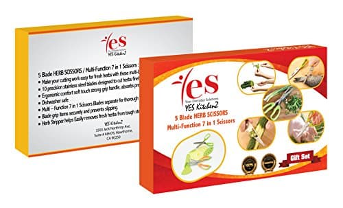 YES KitchenZ 7-in-1 Herb Scissors (4-Piece Set) - Multifunctional Food Kitchen Shears with 5 Stainless Steel Blades for Herbs, Vegetables, Garnishes - Incl. 2 Scissors, Herb Stripper &amp; Cutting Board