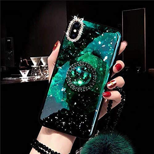 KeKeYM For iPhone X Case Stand, Seashell Pattern Bumper Bling Diamond Glitter Smooth Surface with Stretch Bling Stand Holder/Wrist Strap for Girls (Green, for iPhone XS 10 5.8 inch)