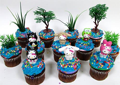 12 Piece HELLO KITTY Birthday Cupcake Topper Set Featuring Hello Kitty Figures and Decorative Accessories