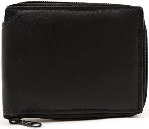 Mens 100% Soft Leather Zip Around Bi-Fold Wallet with Multiple Features