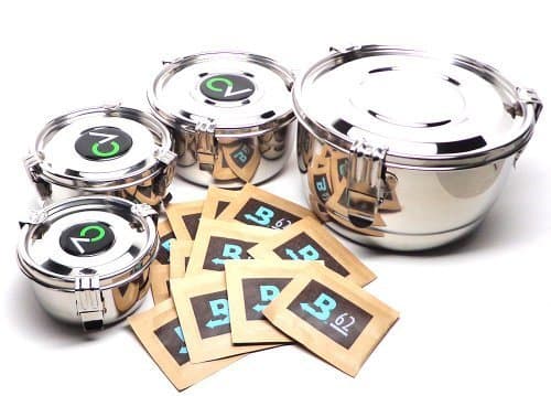 Bundle of 5 Items: Small, Medium, Large and Extra Large CVault Airtight Storage Containers with 12 Extra Boveda 8 Gram 62% Humidipak Regulators by CVault
