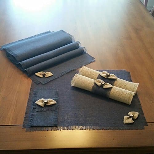 Burlap Navy Blue Shabby Chic Table Runners, Placemats, Silverware Holders, Napkin Rings or Decorative Napkins with Natural Handmade Bow-tie Accent (Quantities of 4 or 6)