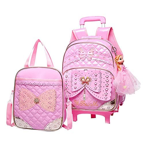 2Pcs Lovely Princess Style Elementary Students Rolling Backpack Cute Bowknot Primary School Trolley Bag School Book Bag Girls Daily Bag with Wheels