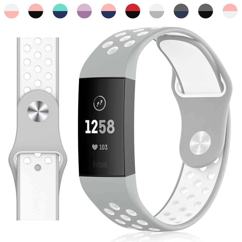 TesRank Compatible Fitbit Charge 3, Soft Silicone Strap Replacement Wristband for Fitbit Charge 3, Gray and White, Large